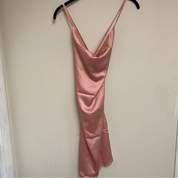 PrettyLittleThing Pink Satin Cowl Lace Up Bodycon Dress US 6 - Picture 3 of 5
